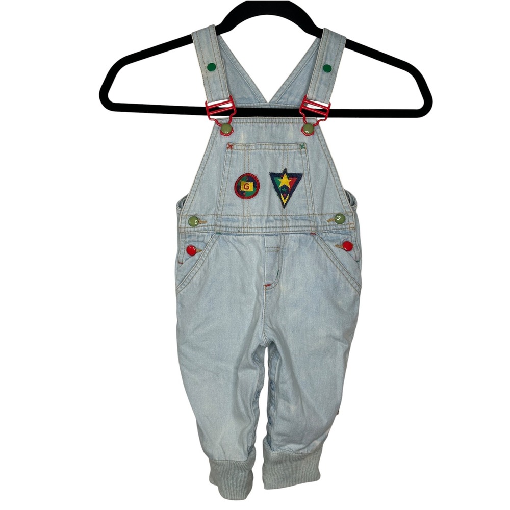 Vintage Kids Denim Overalls 6-9 Mo Light Blue Primary Color Patches 90s Retro